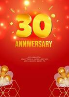 Anniversary celebration flyer red background golden numbers 30 vector