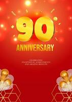 Anniversary celebration flyer red background golden numbers 90 vector