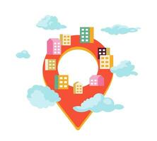 Dreamy neighborhood location 2D cartoon object concept. Property neighbourhood pinpoint isolated vector item metaphor white background. Pin residential buildings in clouds color flat spot illustration