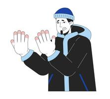 Suffering caucasian man with frostnip fingers 2D linear cartoon character. Winter clothes guy with cold hands isolated line vector person white background. Wintertime color flat spot illustration