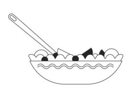 Salad bowl with fork black and white 2D line cartoon object. Eat vegetarian meal plate isolated vector outline item. Lunchtime healthy eating. Vegetables dining monochromatic flat spot illustration