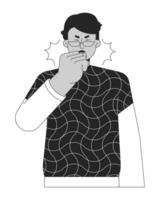 árabe los anteojos hombre tos asma negro y blanco 2d línea dibujos animados personaje. estacional polen sufrir masculino medio oriental aislado vector contorno persona. alergia monocromo plano Mancha ilustración