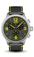 realista reloj reloj plata oscuro gris acero cara amarillo flecha número con cuero Correa en blanco diseño clásico lujo vector