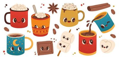 Cute set of mugs with hot cocoa or coffee, marshmallows on white background. For greeting cards, party invitations, posters or stickers vector