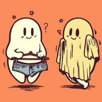 Clipart of two ghosts trying new clothes. Two cute and adorable ghouls wearing pants and sheets. Kawaii Halloween illustration vector