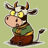 linda dibujos animados personaje en un camisa de fuerza siendo enojado y enojado. trastornado mascota vaca en un estrecho chaqueta sentado abajo vector