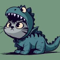 Adorable illustration of a Halloween kitty in a dinosaur suit going trick or treating. Cat with big eyes in a dino t-rex costume and a brave attitude vector