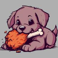 Vector of a cute cartoon dog eating a big chicken thigh. Illustration of a small puppy devouring a huge turkey with bones.