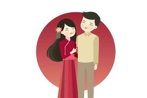 romantic Couple in Chinese costumes in love .Valentine's day wedding vector illustration.