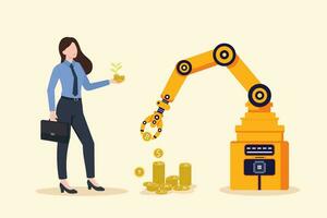 Concept of stock trading or cryptocurrency investment using artificial intelligence to analyze data,  business woman uses an AI powered mechanical arm to mine cryptocurrency, bitcoin. vector