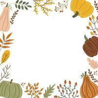 Pumpkins and leaves. Square frame, vector illustration, flat cartoon style