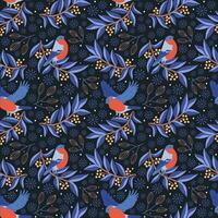 Bullfinches on branches, vector illustration, flat cartoon style, seamless pattern on a blue background