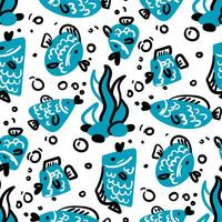 Seamless background with decorative blue fish. Marine theme with swimming fish near algae with stones. Bright elements on a white background. Color spots and contour. Ornament Printing vector