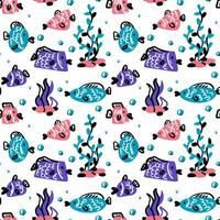 Seamless background with decorative colorful fish. Marine theme with fish and marine details. Bright elements on a white background. Color spots and contour. Ornament Printing vector