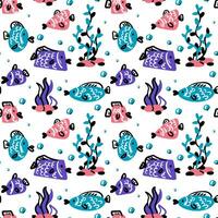 Seamless background with decorative colorful fish. Marine theme with fish and marine details. Bright elements on a white background. Color spots and contour. Ornament Printing vector