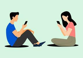 plano ilustración de un hombre y mujer chateando con un inteligente teléfono personas utilizando teléfono. personas utilizando tecnología plano ilustración vector