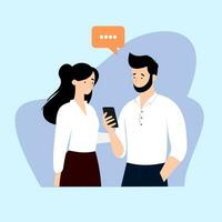 plano ilustración de un hombre y mujer chateando con un inteligente teléfono vector