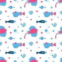 Seamless fabric with fish, algae and jellyfish. Background, wallpaper or paper. Vector illustration