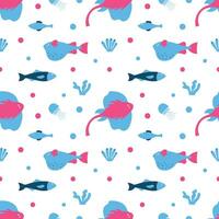 Seamless fabric with fish, algae and jellyfish. Background, wallpaper or paper. Vector illustration