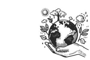 línea dibujo de dos manos participación globo tierra o tierra planeta con crecimiento planta mundo plantas. salvar mundo ambiente día concepto vector ilustración en blanco antecedentes