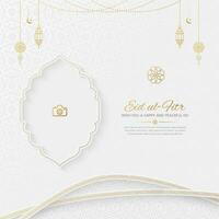 Eid al Fitr Islamic luxury greeting card social media post with Arabic lanterns and a photo frame vector