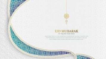 Eid Mubarak Islamic colorful background with interlaced arabesque border and Arabic style pattern vector