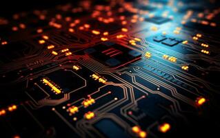 AI generated 3D render chip circuit board futuristic technology background. Colorful and dark wallpaper in red and yellow lines. Circuit board digital glowing. photo