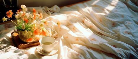 AI generated Banner of cozy morning on the bed with flowers, coffee and sun rays coming in from window. Photo with copy space.