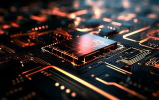 AI generated 3D render chip circuit board futuristic technology background. Colorful and dark wallpaper in red and yellow lines. Circuit board digital glowing. photo