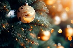 AI generated Close up photo of beautiful christmas tree branches with golden balls decoration. Festive Christmas card with beautiful bokeh background and copy space.