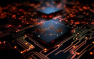 AI generated 3D render chip circuit board futuristic technology background. Colorful and dark wallpaper in red and yellow lines. Circuit board digital glowing. photo