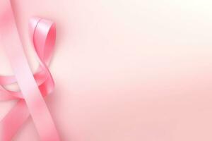 AI generated Pink ribbon over flat pink background with empty space for text. Women's Day, Mother's Day, Breast Cancer Day concept. photo