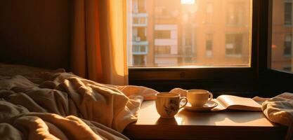 AI generated Banner of cozy morning on the bed with flowers, coffee and sun rays coming in from window. Photo with copy space.