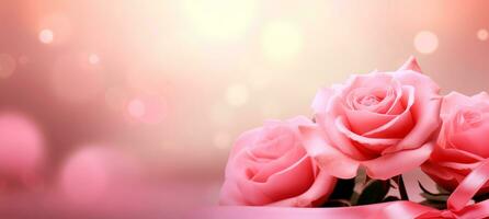 AI generated Decorative header of beautiful pink roses flowers over nice bokeh background with empty space for text. photo