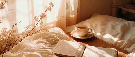 AI generated Banner of cozy morning on the bed with flowers, coffee and sun rays coming in from window. Photo with copy space.