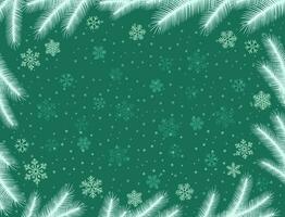 Christmas green background with white snowflakes and fir branches. Holiday card or greeting card. Happy New Year vector illustration.