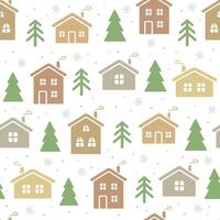 Seamless pattern with Christmas houses and fir trees in winter. Festive background. Happy New Year vector illustration.