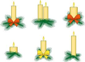 Christmas candle decorated with fir tree and bow. Set. Festive accessories. Happy New Year vector illustration.