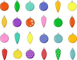 Christmas tree toy. Set of glass balls and cones.Various colors and designs. Festive accessories. Happy New Year vector illustration.