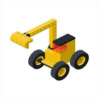 Yellow excavator with a bucket in isometry. Vector