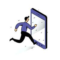 Illustration of a man running to the phone. Vector illustration. Catch the bell. Image is isolated on white background. Dependence on the phone and the Internet. Go online. Metaphor.