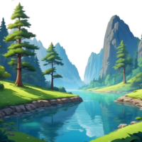 ai généré une dessin animé Montagne rivière avec des arbres et rochers png