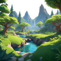 AI generated a cartoon mountain river with trees and rocks png