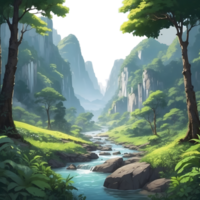 AI generated a cartoon mountain river with trees and rocks png