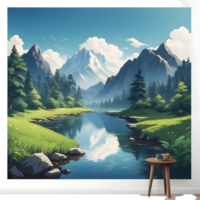 ai généré une dessin animé Montagne rivière avec des arbres et rochers png