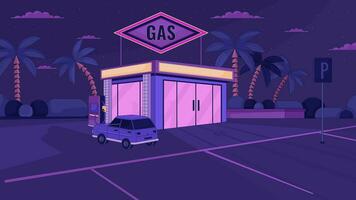 Car pulls up to gas station at night lo fi animated cartoon background. Silhouettes inside store 90s retro lofi aesthetic live wallpaper animation. Parking lot chill scene 4K video motion graphic