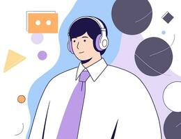 A man in a white shirt and tie with a pair of headphones on his ear, flat vector illustration.