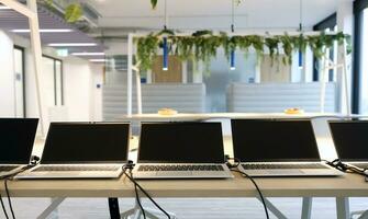 Row of laptops being prepared and set up for new employees in a company photo