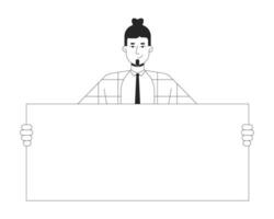 Corporate style employee holding sign black and white 2D line cartoon character. Millennial caucasian office worker advertising isolated vector outline person. Monochromatic flat spot illustration