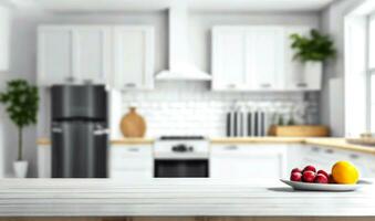 Blurred view of modern kitchen with white furniture with wooden table photo